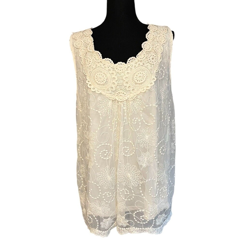 Boho Embroidered Crochet Lace Tank Top Cream White Cottagecore Fairy Whimsy 1X